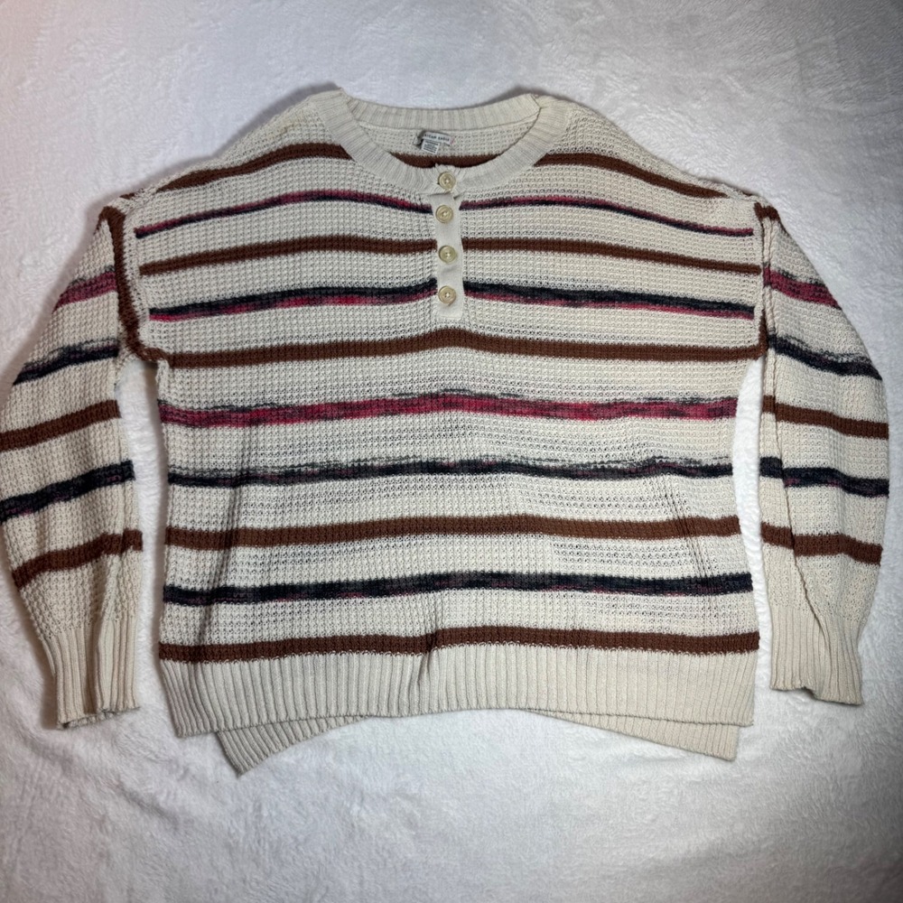 American Eagle Henley Sweater Womens XS Cream Striped Open Knit Relaxed Fit